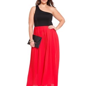 Eloquii off the shoulder red and black pleated maxi dress, size 18